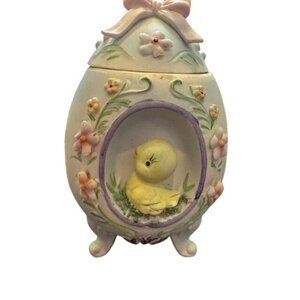 Vintage Ceramic Easter Egg Trinket Box With Yellow Chick & Floral Accents